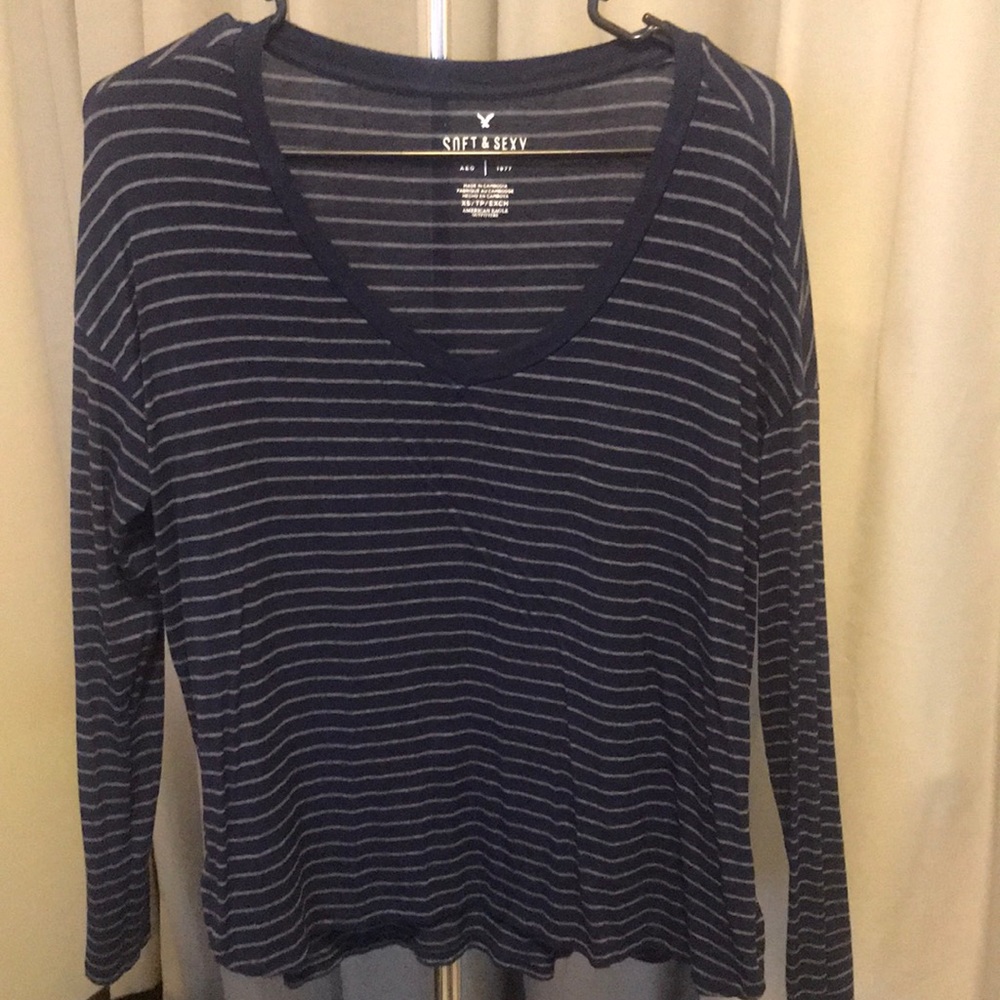 American Eagle Blue and Grey Stripe Long Sleeve